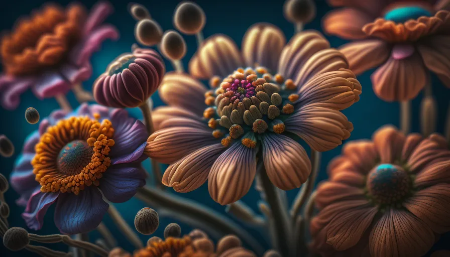 a close up of a bunch of flowers on a blue background