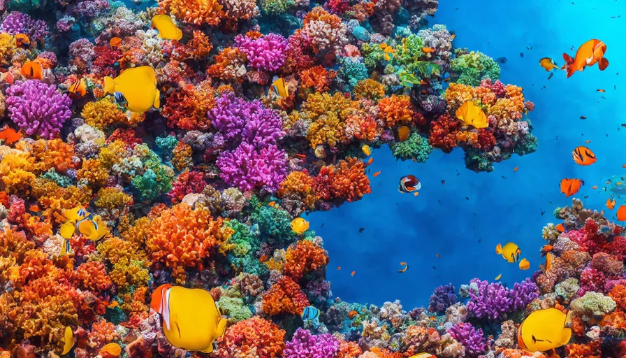 a group of fish swimming over a colorful coral reef