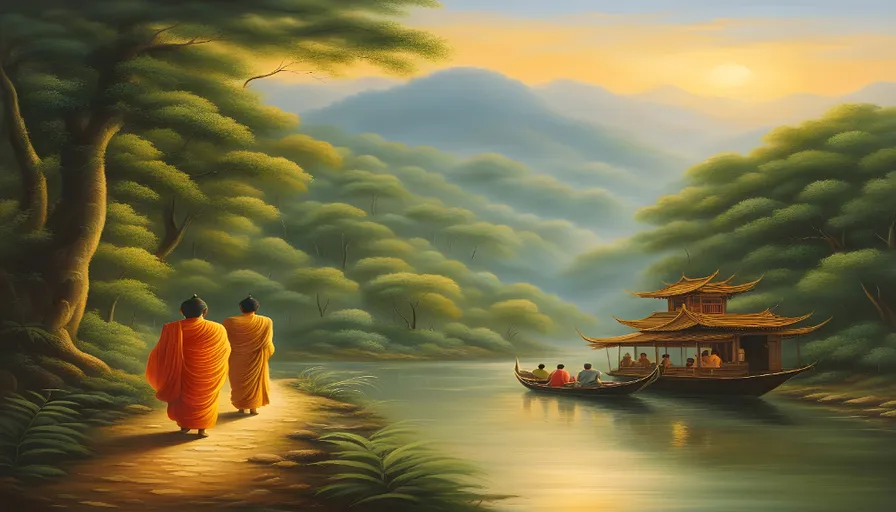 a painting of two people walking towards a boat