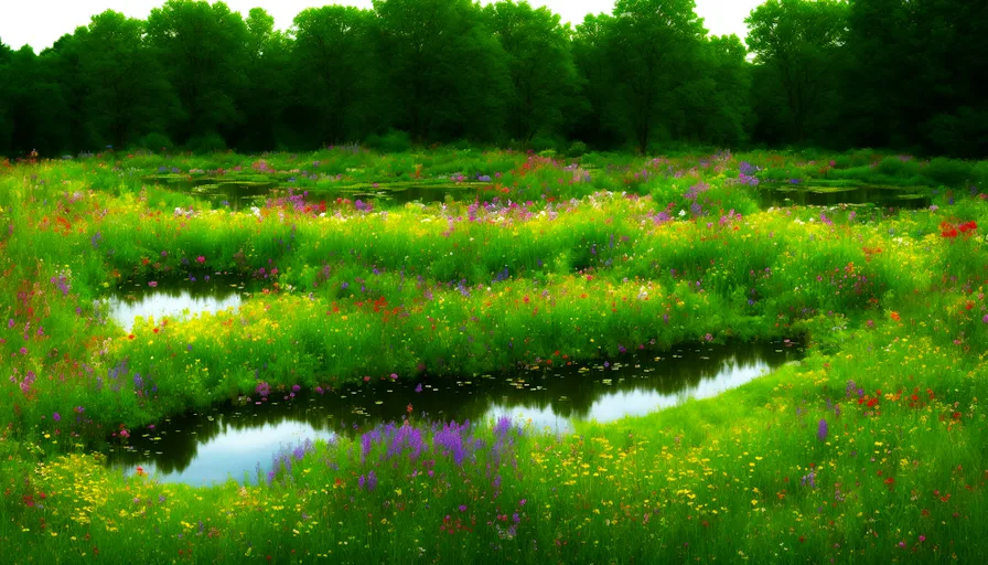 a field of flowers and water with trees in the background