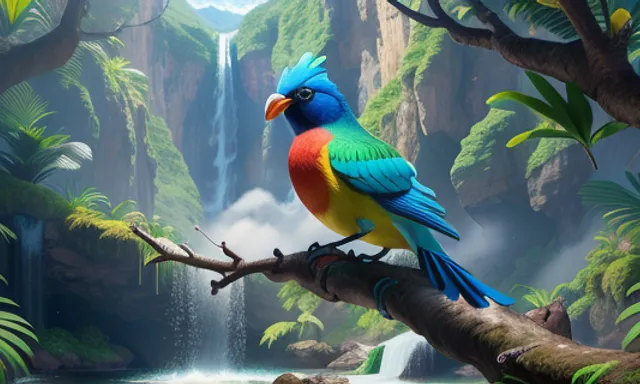 a colorful bird perched on a tree branch in front of a waterfall