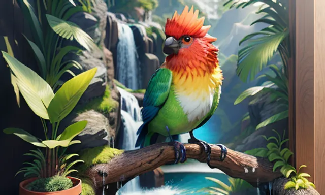 a colorful bird perched on a branch in front of a waterfall