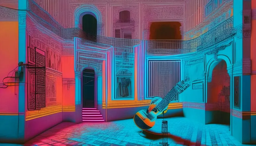 a guitar sitting in a room with a stair case