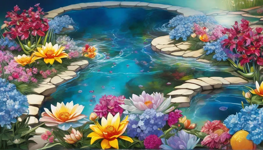 a painting of flowers and a stream of water