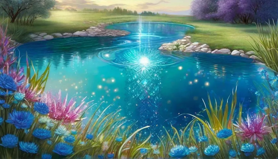 a painting of a pond surrounded by flowers