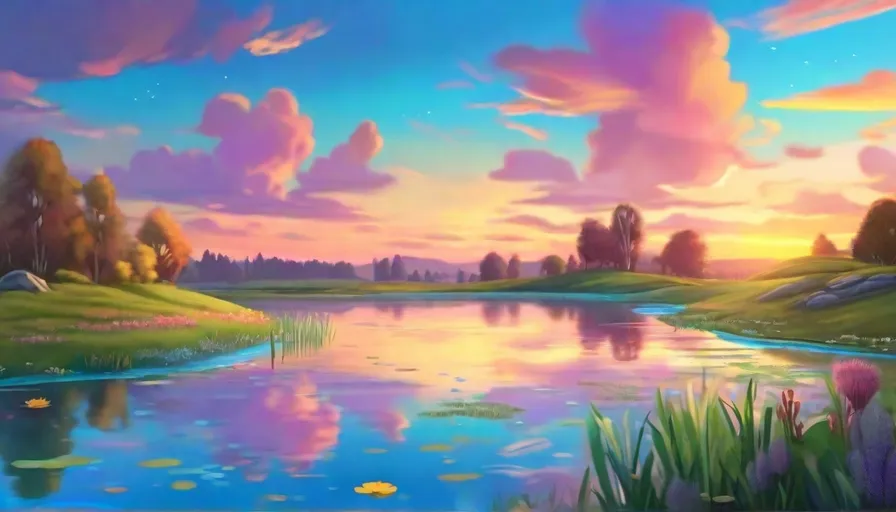 a painting of a beautiful sunset over a lake