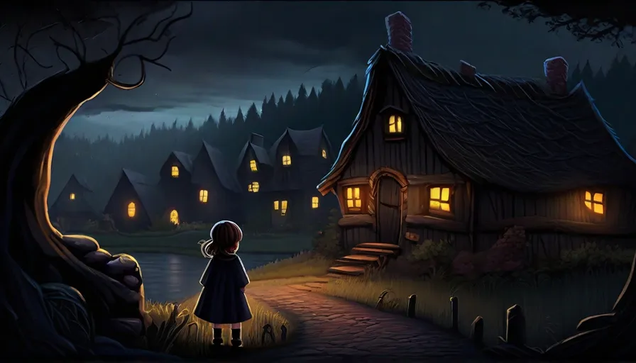 a little girl standing in front of a house at night