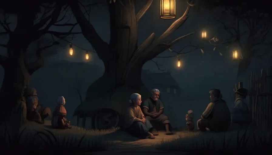 a group of people sitting under a tree at night