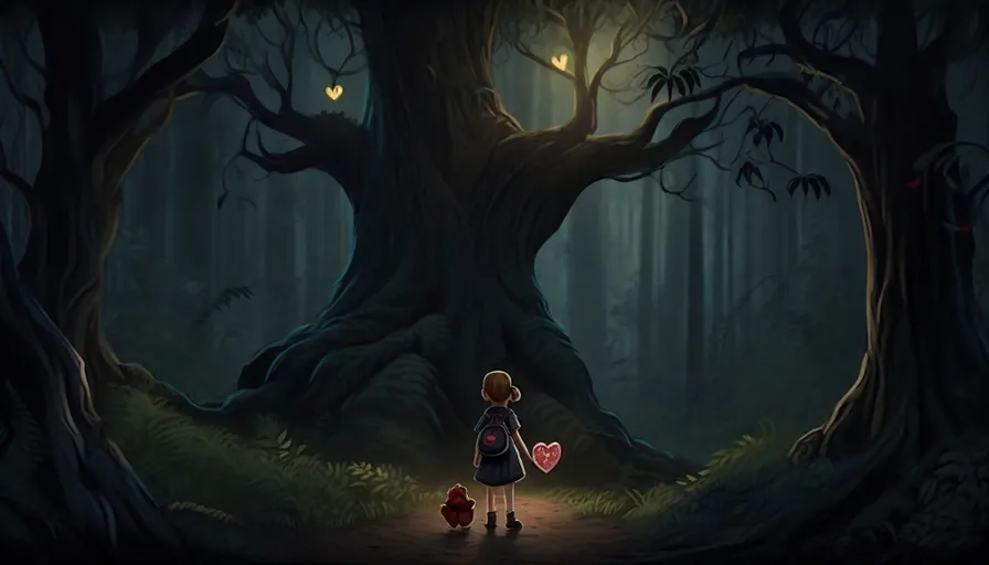 a little girl standing in the middle of a forest