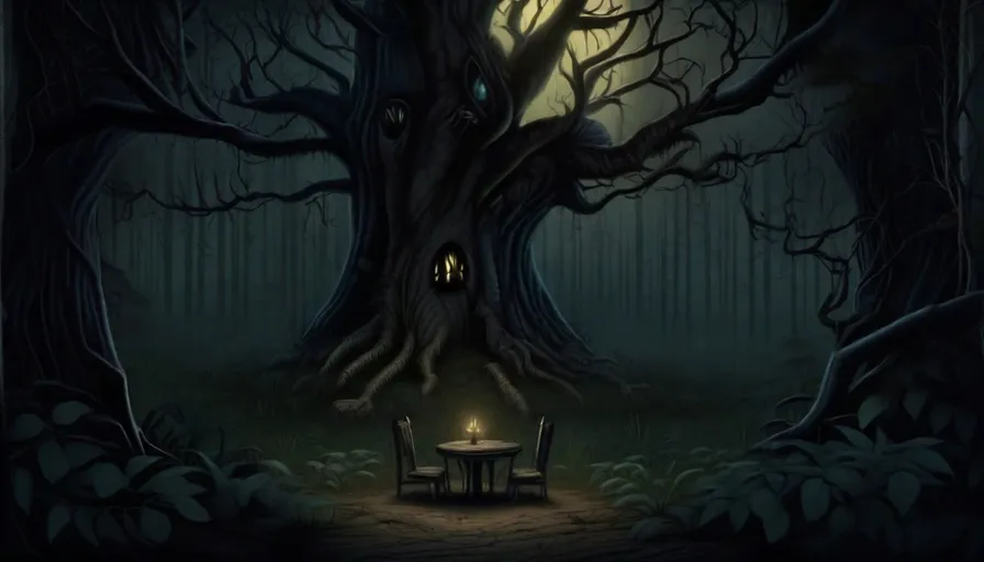 a dark forest with a table and chairs
