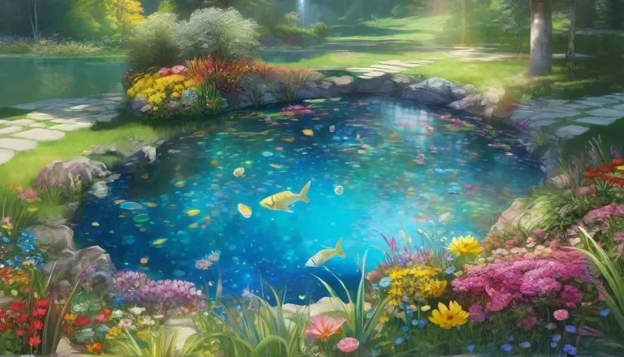a painting of a pond surrounded by flowers