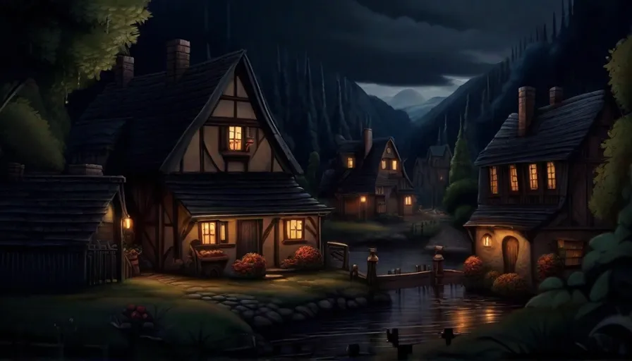 a painting of a village at night with a dark sky