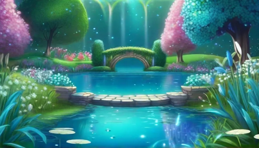 a painting of a pond with a bridge in the middle of it