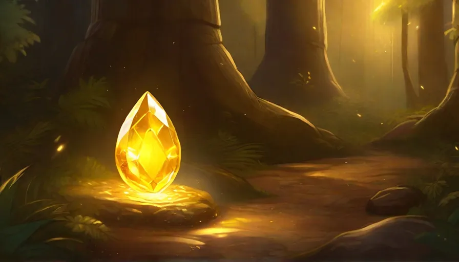 a yellow diamond sitting on top of a rock in the middle of a forest
