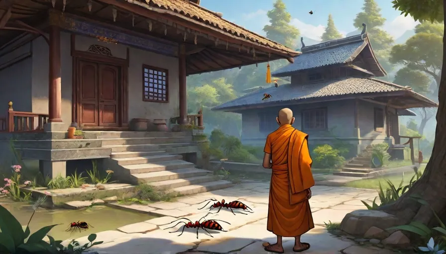 a monk standing in front of a building