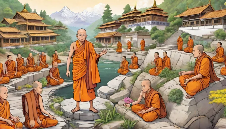 a painting of a man standing in front of a group of monks