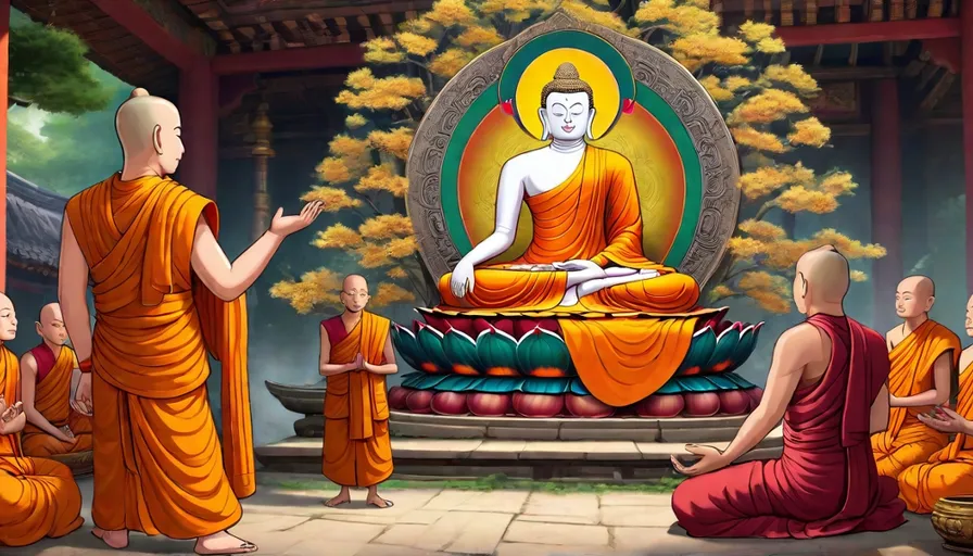 a group of monks sitting in front of a buddha statue