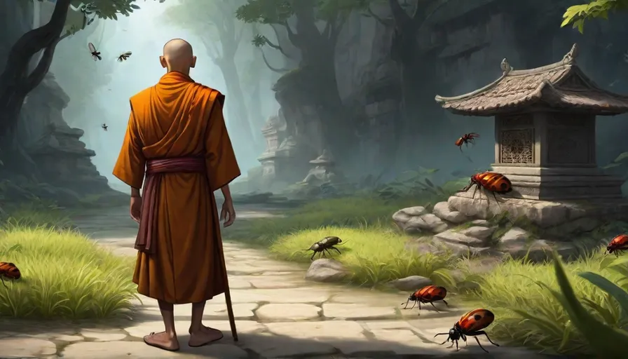 a monk standing in the middle of a forest