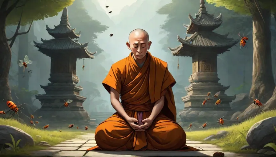 a painting of a monk meditating in a forest