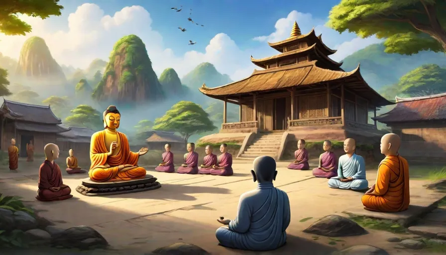 a group of people sitting around a buddha statue