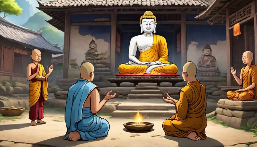 a group of people sitting around a buddha statue