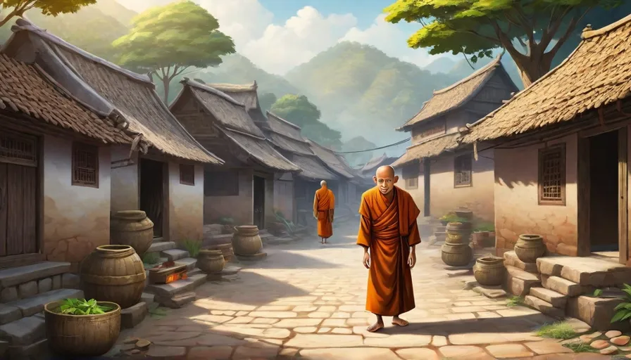 a painting of a monk in a village