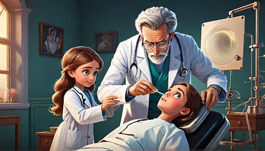 a cartoon of a doctor examining a girl's teeth