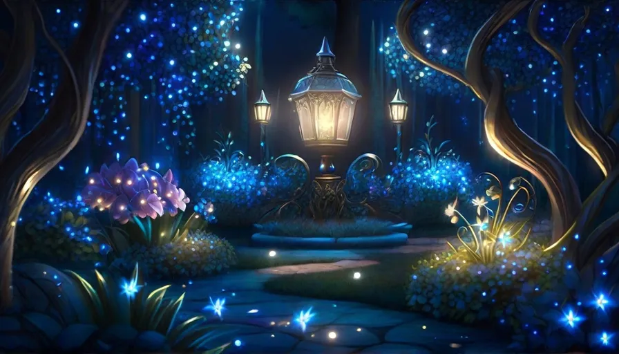 a night scene with a light in the middle of a forest