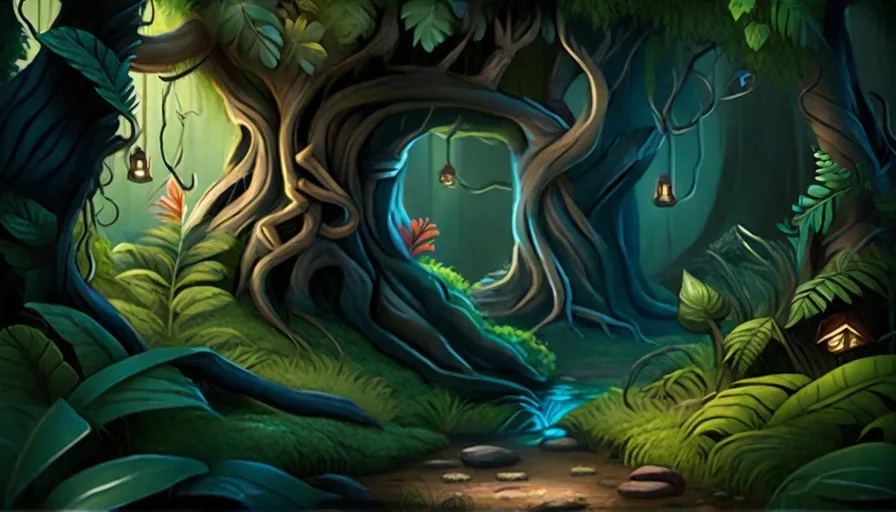 a painting of a forest with a stream running through it