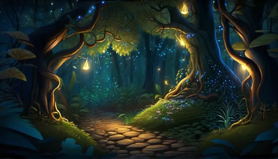 a painting of a path through a forest at night