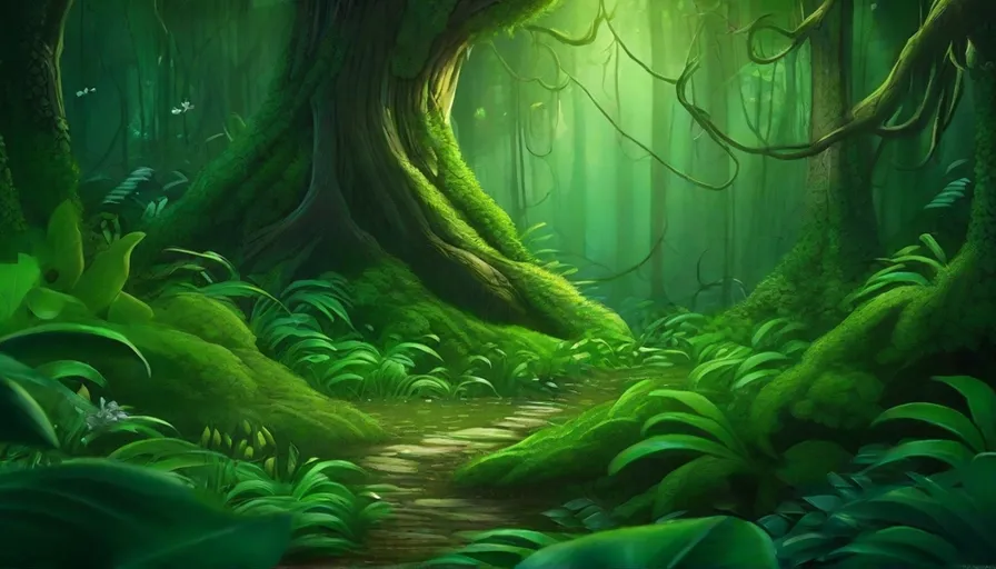 a painting of a path in a green forest