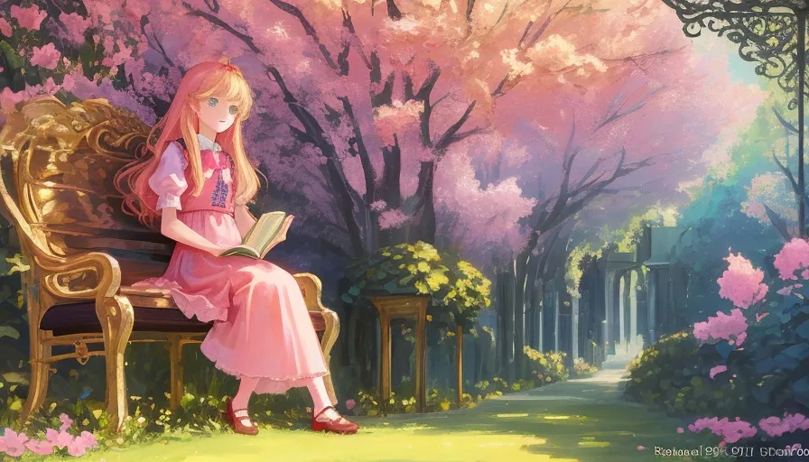 a painting of a girl sitting on a bench reading a book