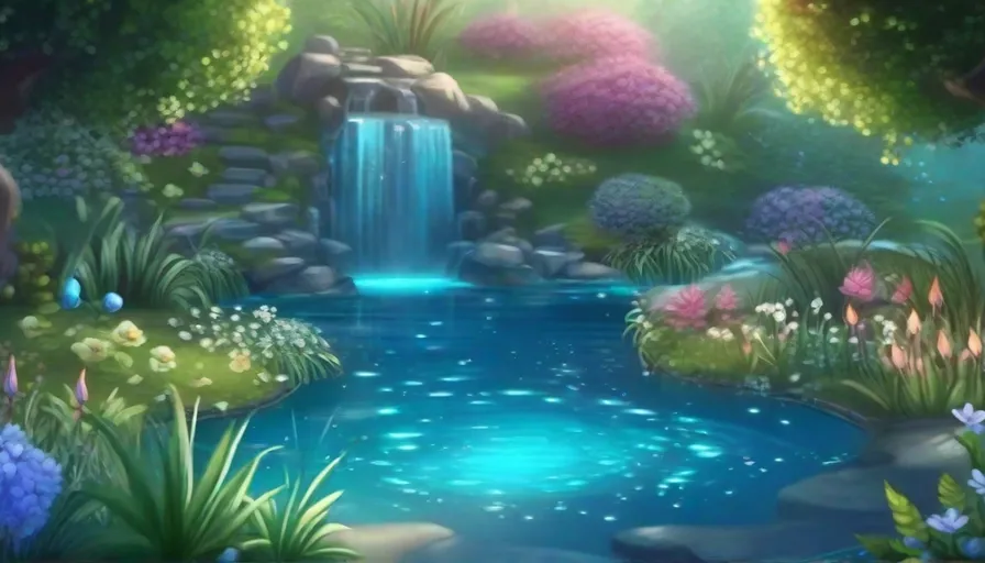 a painting of a waterfall in the middle of a forest