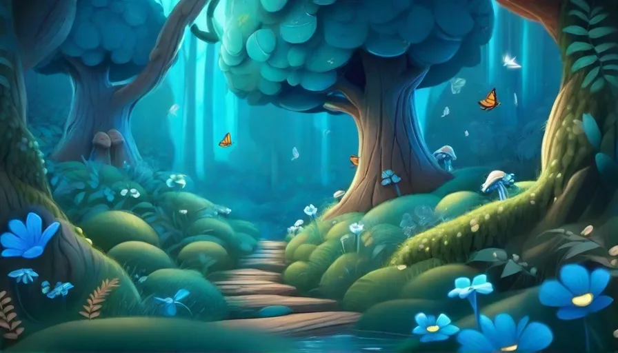 a painting of a forest with blue flowers