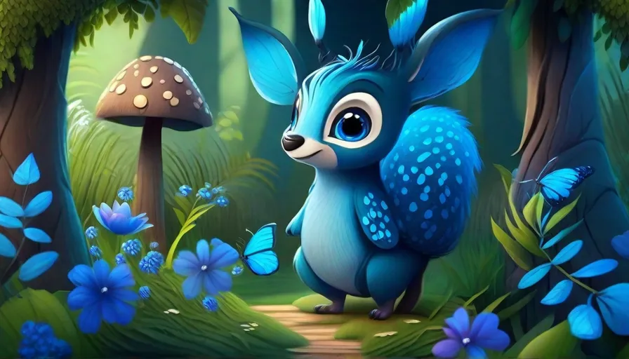 a blue animal standing in the middle of a forest