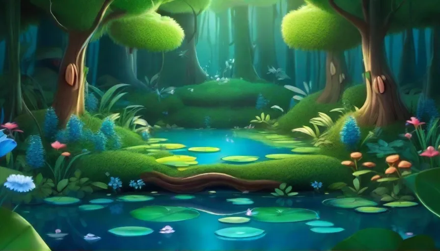 a painting of a pond surrounded by trees