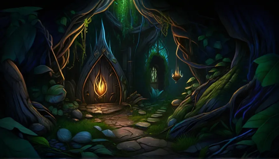 a painting of a dark forest with a light in the entrance
