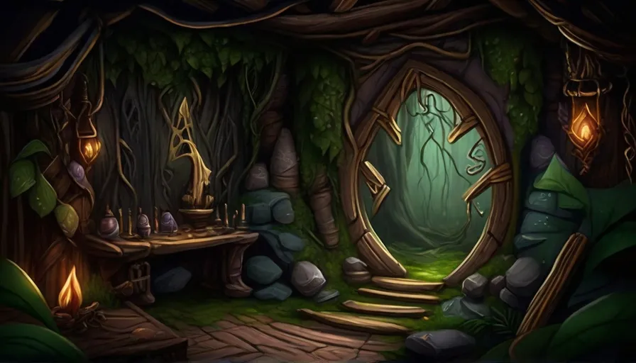 a cartoon scene of a forest with a door