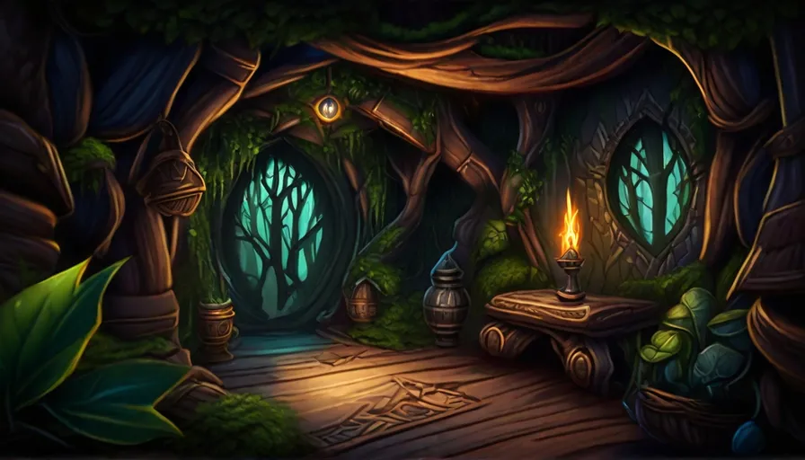 a painting of a forest with a light in the middle of it