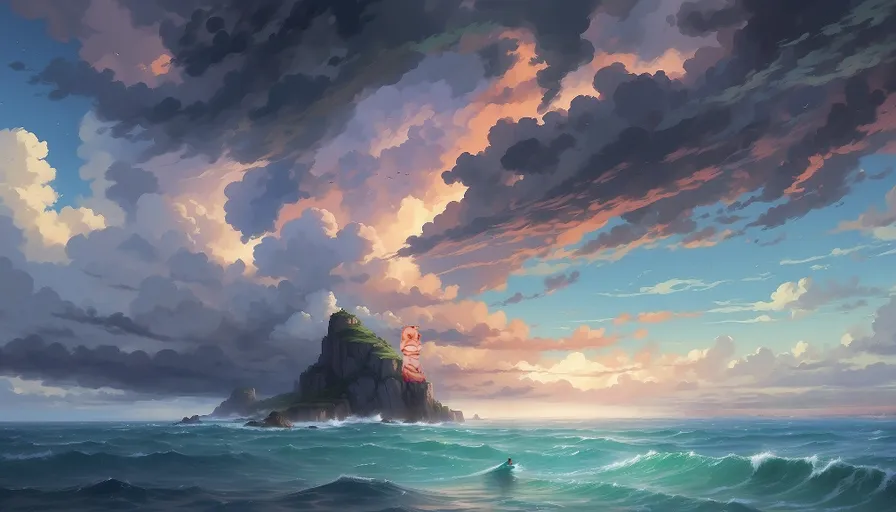 a painting of an island in the middle of the ocean