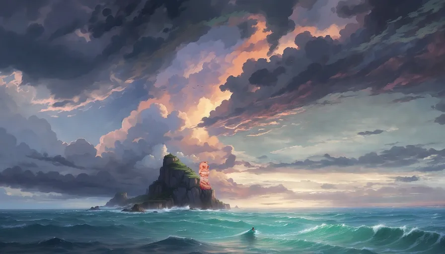 a painting of an island in the middle of the ocean