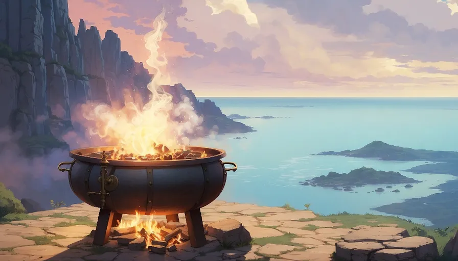 a painting of a fire pit on a cliff overlooking a body of water