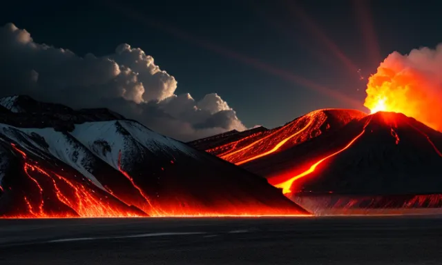 a large volcano spewing lava into the sky