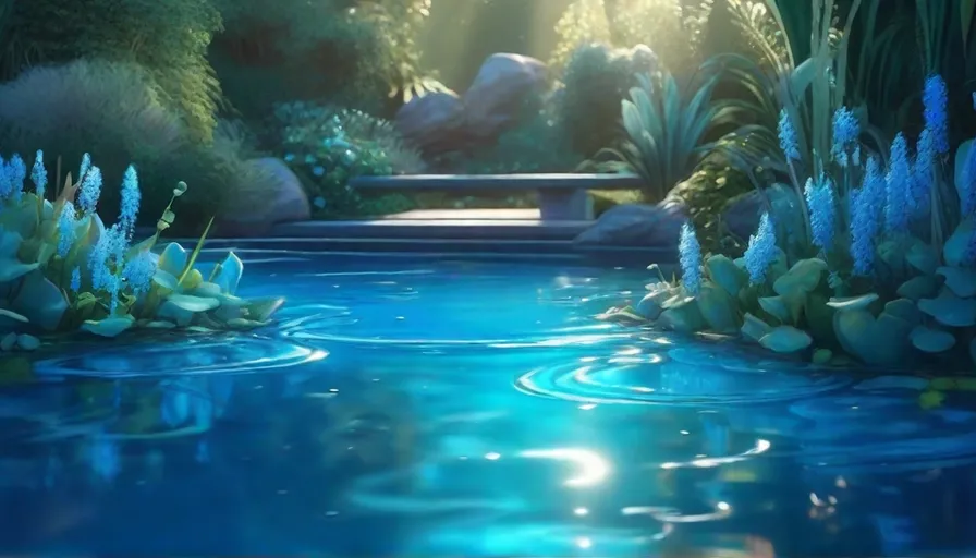 a blue pool surrounded by lush green plants