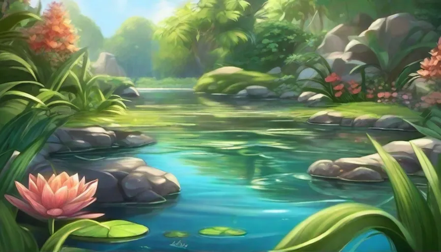 a painting of a river surrounded by greenery