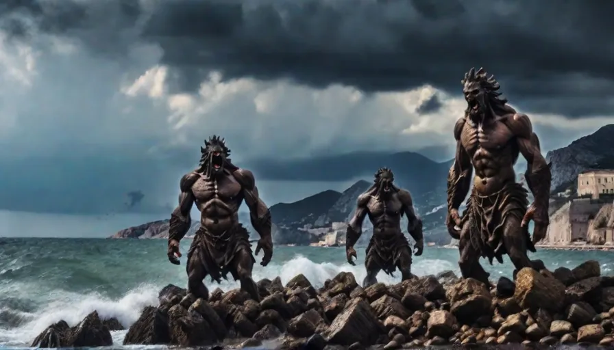 a group of men standing on top of rocks near the ocean