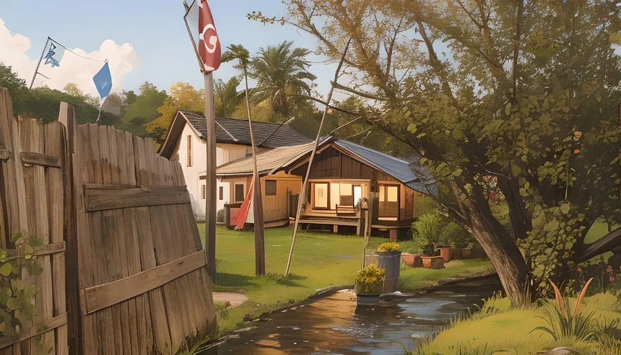 a painting of a house next to a river