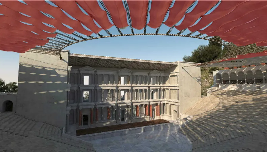 a 3d image of a building with a red awning over it