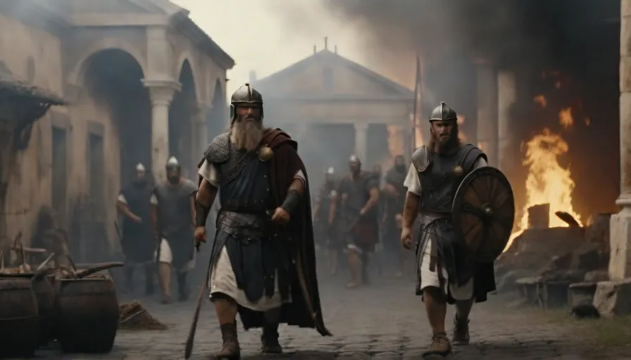 a group of men in roman armor walking down a street