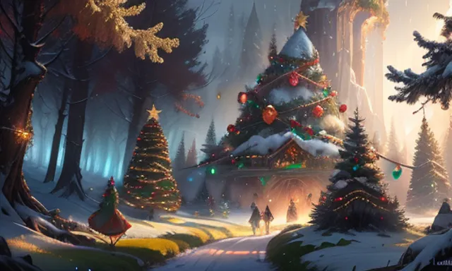 a painting of a christmas tree in a snowy forest